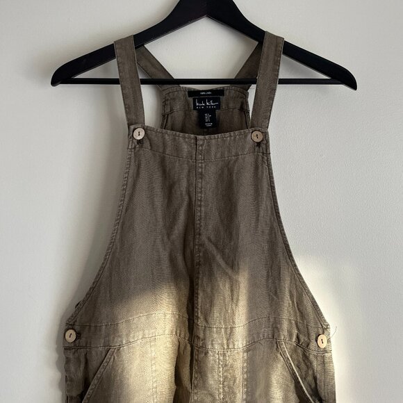 Nicole Miller 100% Linen Khaki Green Overalls - Picture 1 of 7